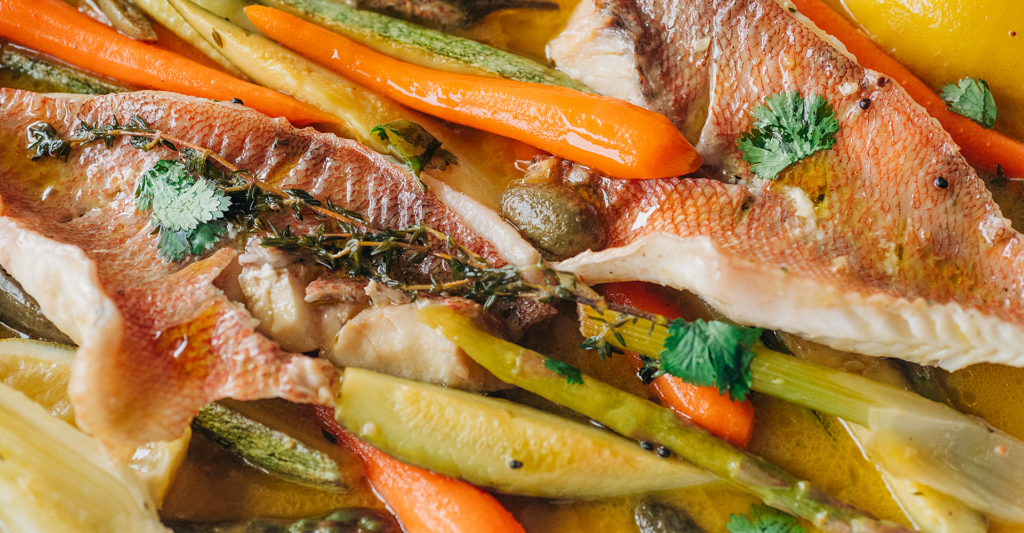 Redfish casserole with carrots, potatoes, fennel and lemon sauce with capers and thyme - 7 Thalasses