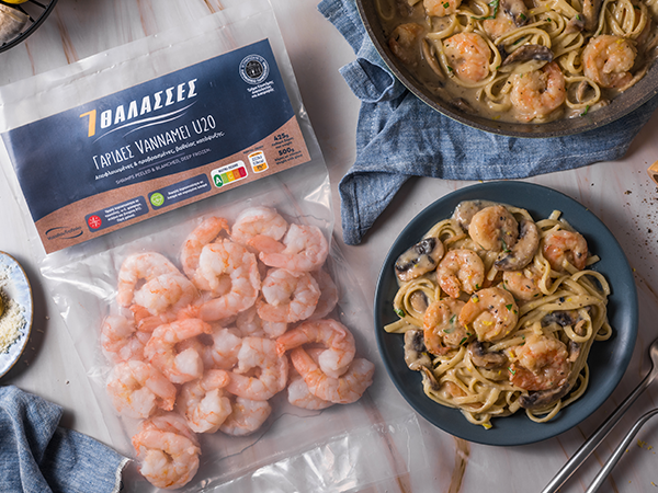 Creamy pasta with 7 THALASSES shrimps and mushrooms - 7 Thalasses