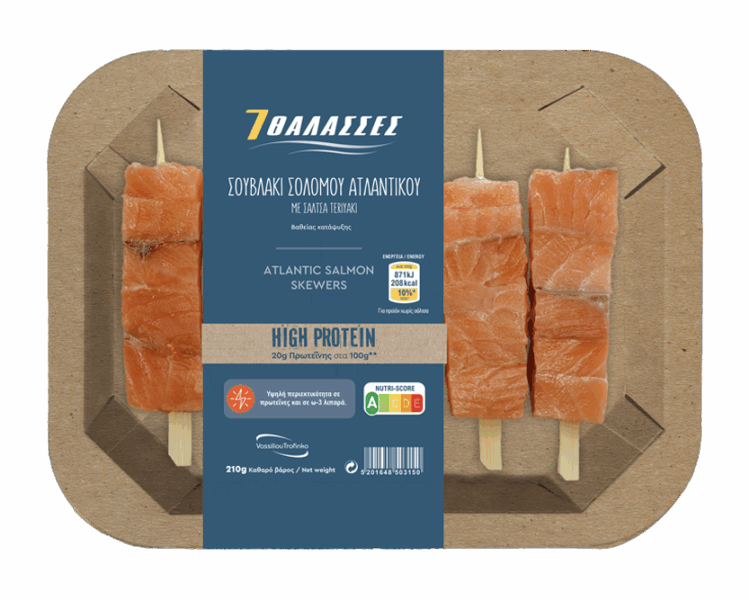 Σολομός Ατλαντικού με σάλτσα τεριάκι από τις 7 Θάλασσες, συσκευασία προϊόντος.